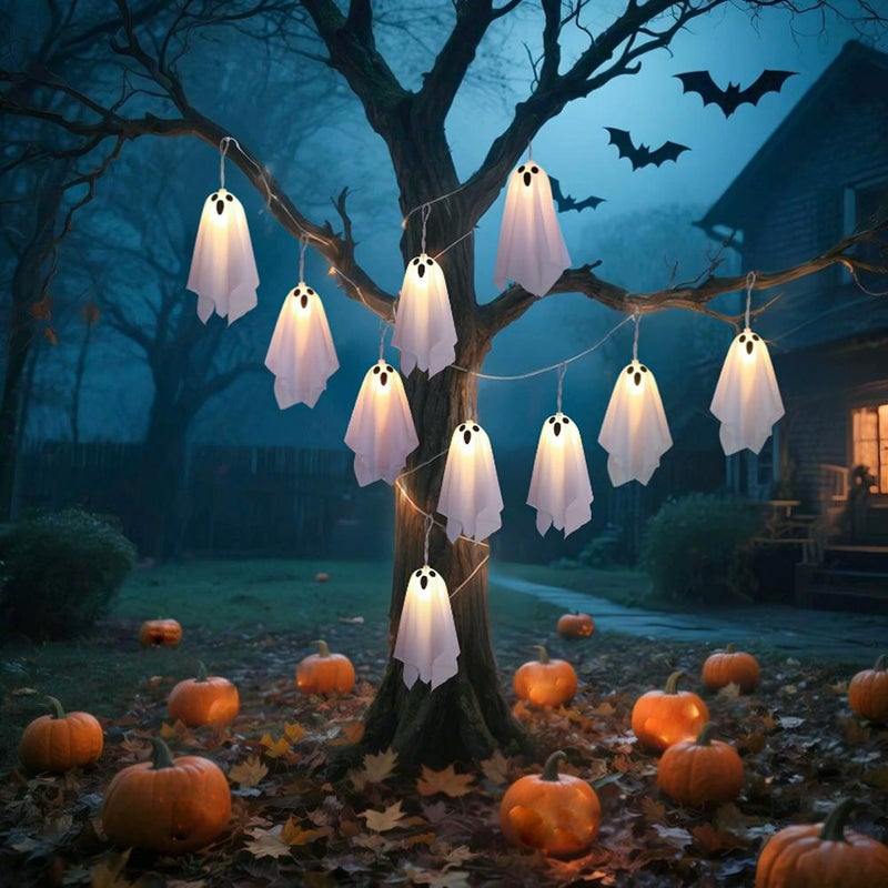 Ghost String Lights – Hanging Swing Ghost Halloween Decor with 10-piece Fabric Set, 8.2ft Led Lights for Yard, Porch, Garden & Indoor Party - Image 2
